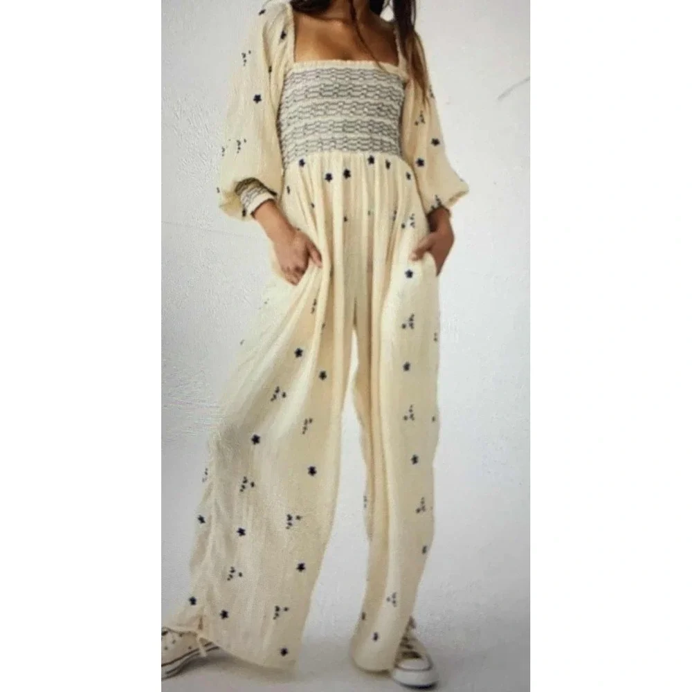 NWT Free People Dahlia WideLeg Floral Embroidered Ribbed 100% Cotton Jumpsuit XS - Picture 2 of 14
